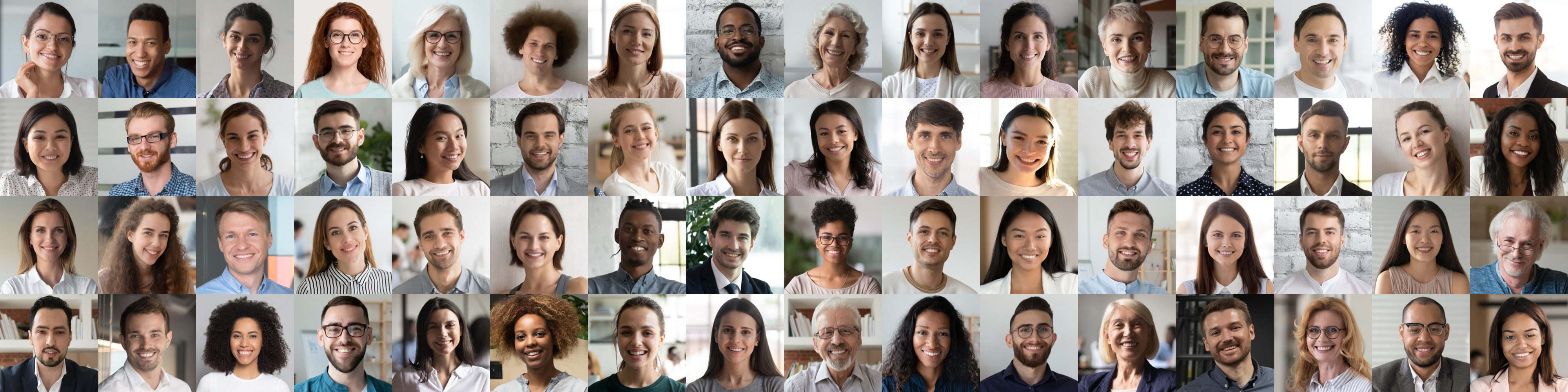 Photo mosaic of smiling portraits of diverse people